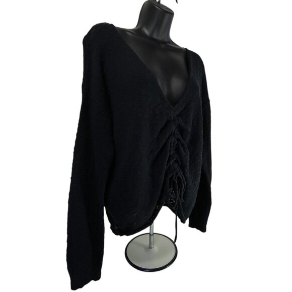 ROXY Rolling Hills Sweater Sz L Black Ruched Front Tie Knit Cotton Nylon Blend - Picture 4 of 13